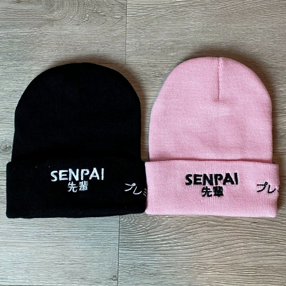Cozy SENPAI Anime Cuffed Beanie, Black & Pink. Kawaii Japanese Japan Winter Hat